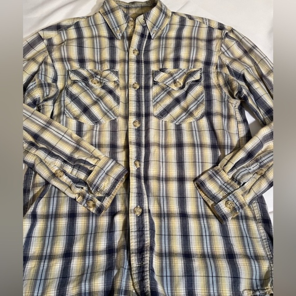 Duluth Trading Co. Men's Small Long Sleeve Western Blue‎ Tan Plaid Shirt Cotton
